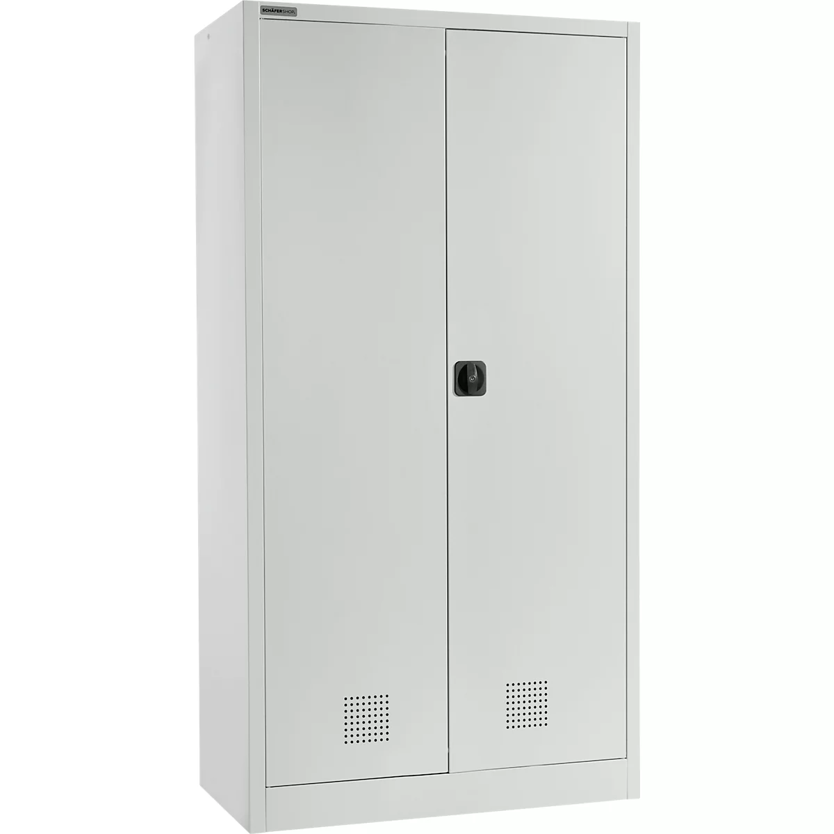 Een witte stalen kast met twee deuren, een zwarte handgreep en ventilatiesleuven.