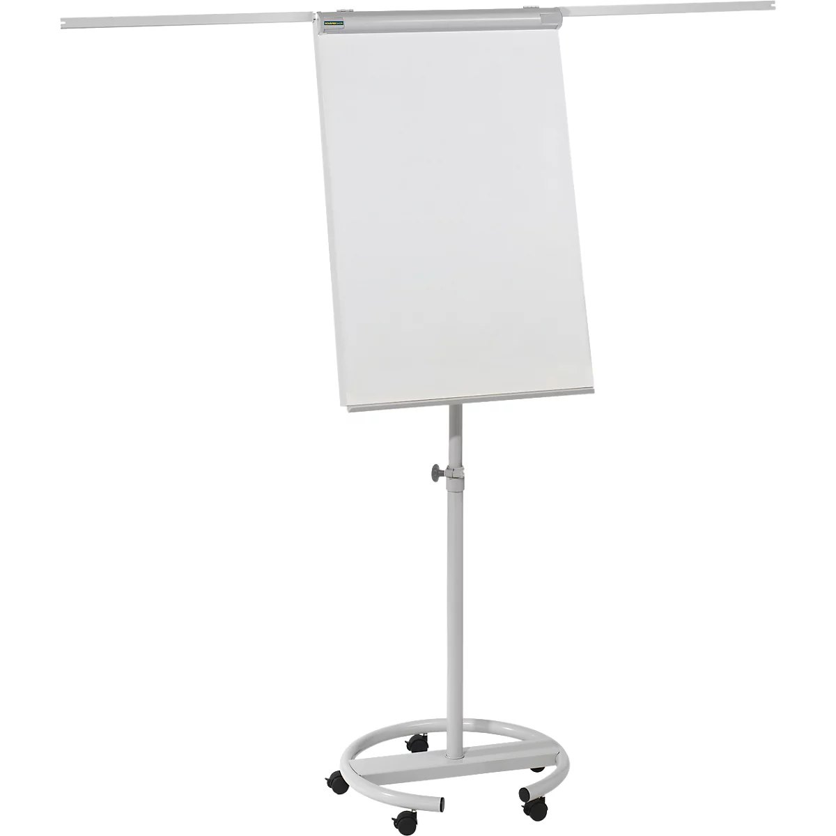 White flip chart on wheels, with adjustable height. A holder for paper rolls is attached above the flip chart.