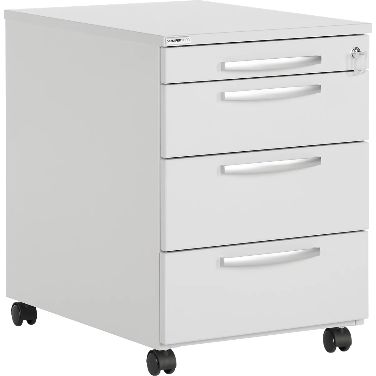 White, rolling file cabinet with three drawers and a key. Black wheels.