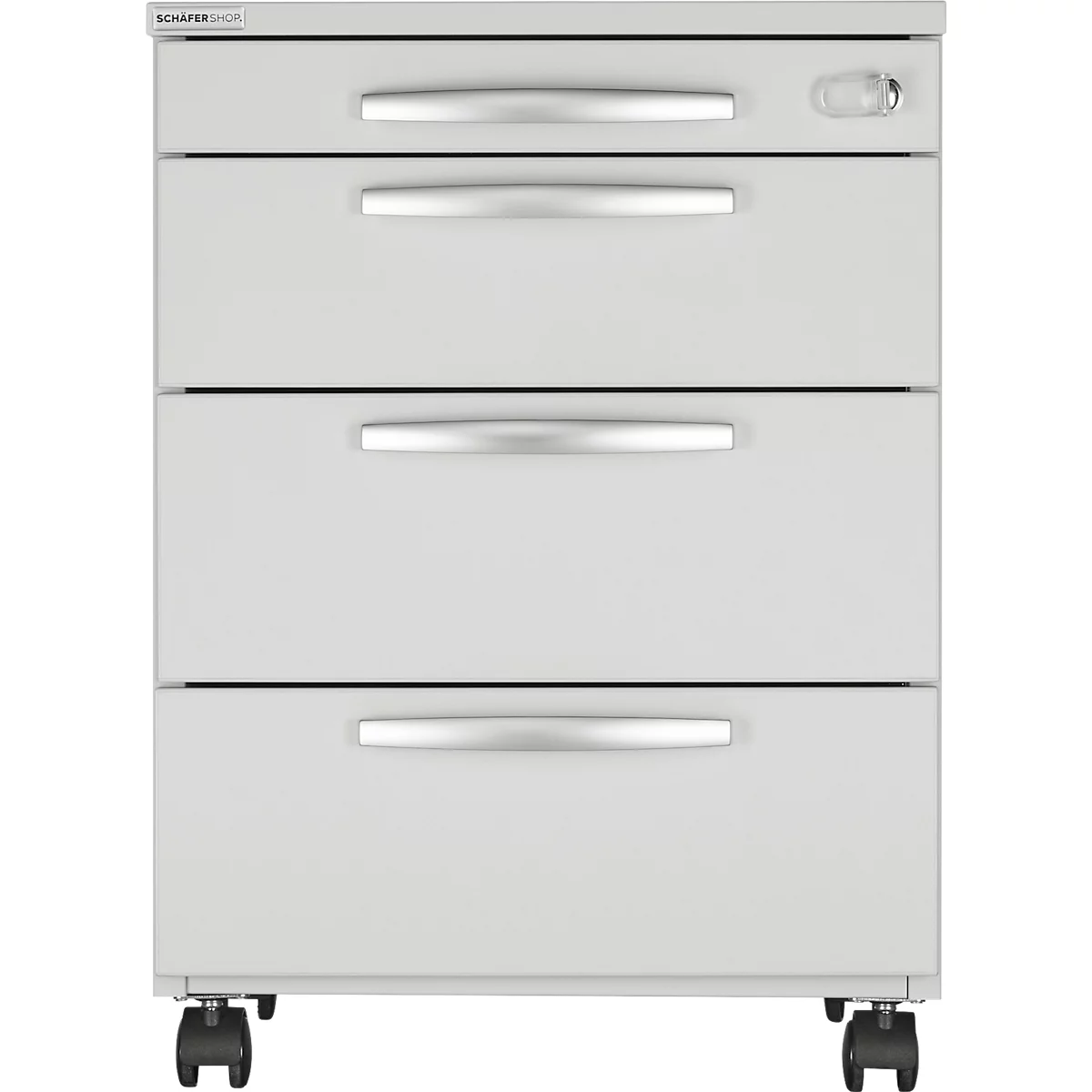 White, rolling filing cabinet with three drawers and silver handles.