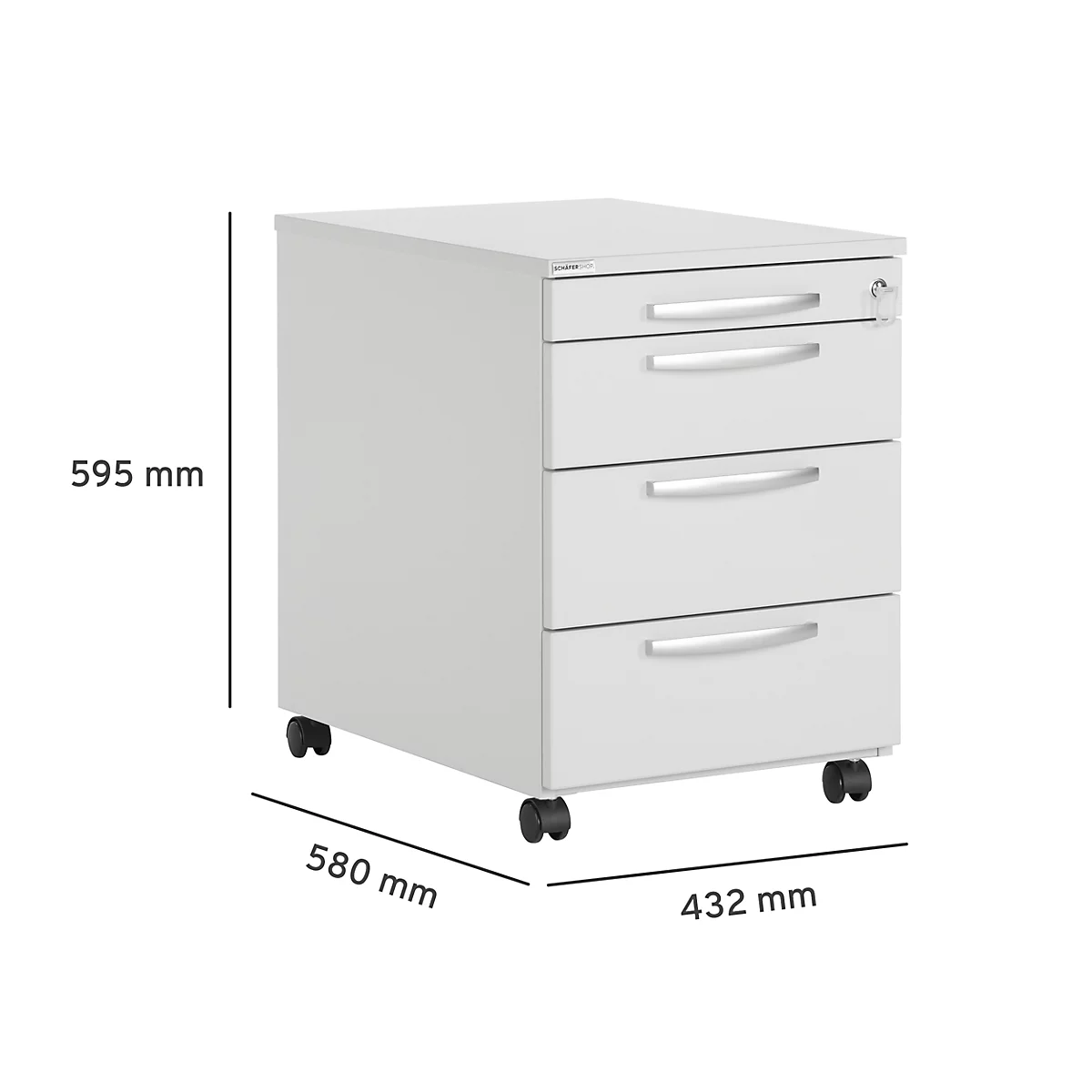 White, rolling office container with three drawers, key and dimensions 595x580x432 mm.