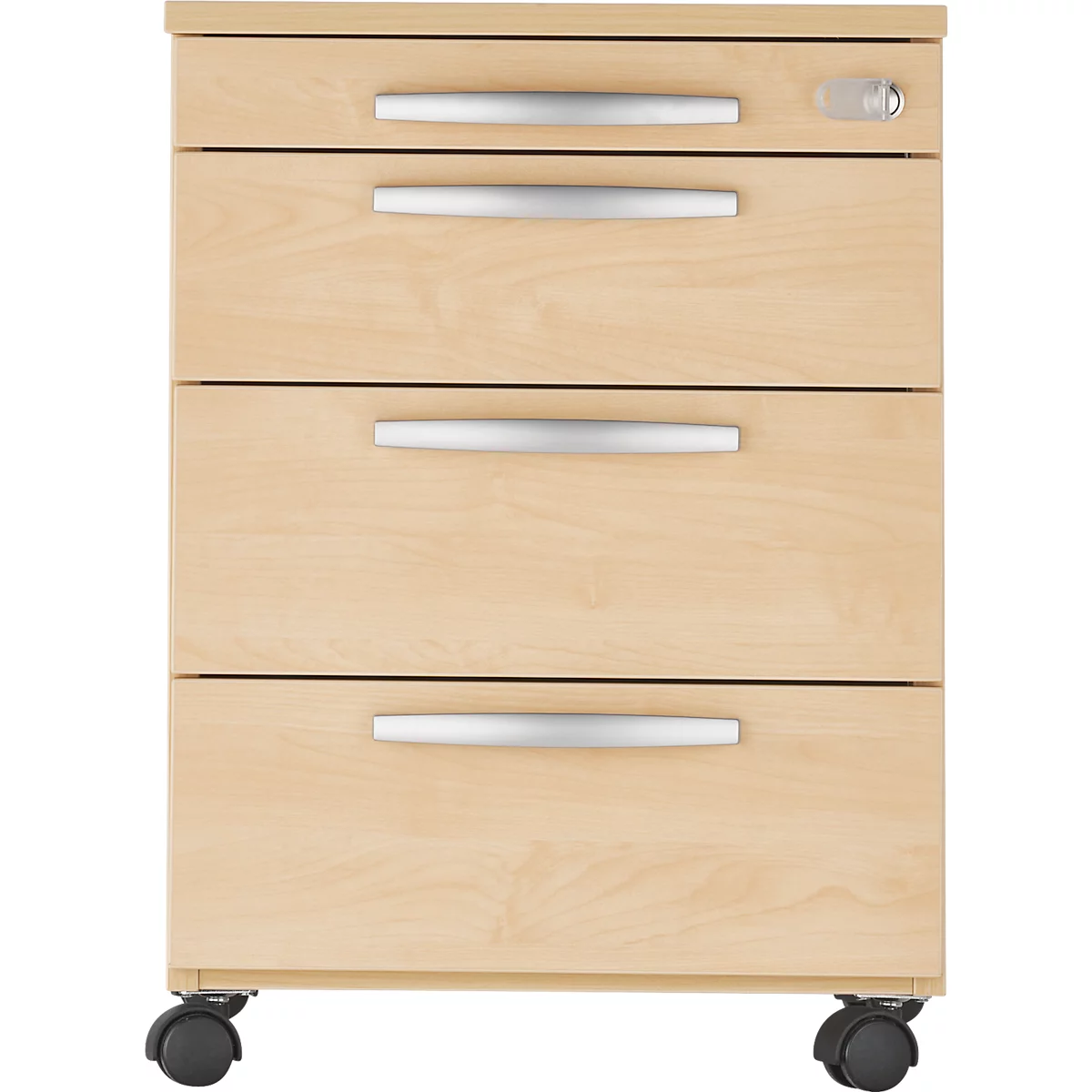 A desk filing cabinet with four drawers. The drawers have silver handles, and the piece of furniture stands on castors.