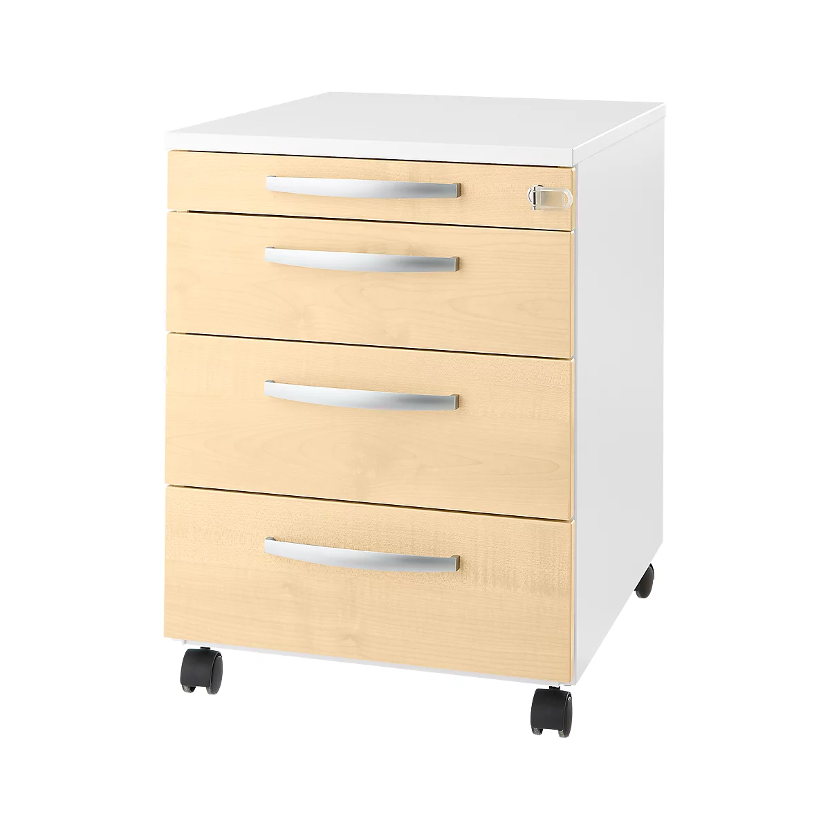 Rolling cabinet with four drawers. The drawers are light-colored with silver handles. On casters.