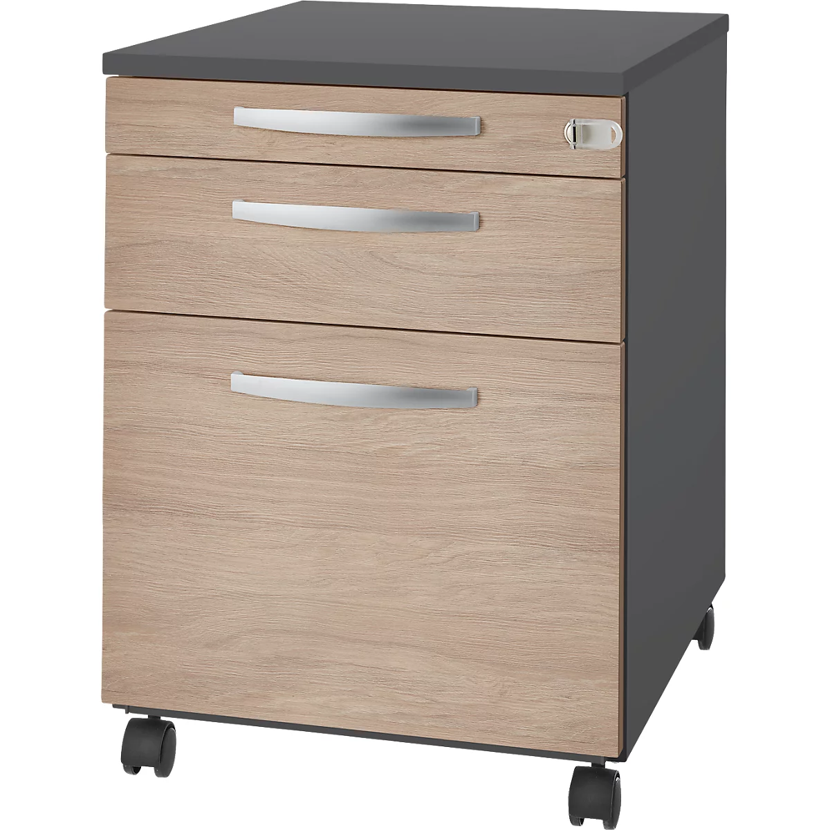 A gray office rolling file cabinet with three wooden drawers and metal handles. It stands on small castors.