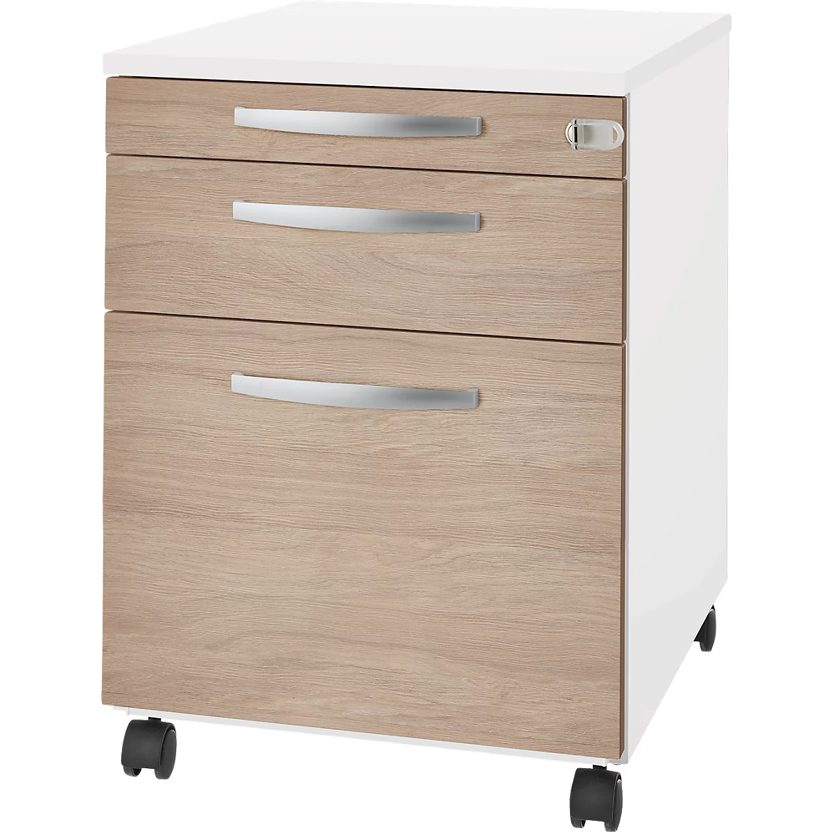 Mobile pedestal with three drawers, wood look, silver handles, white sides.
