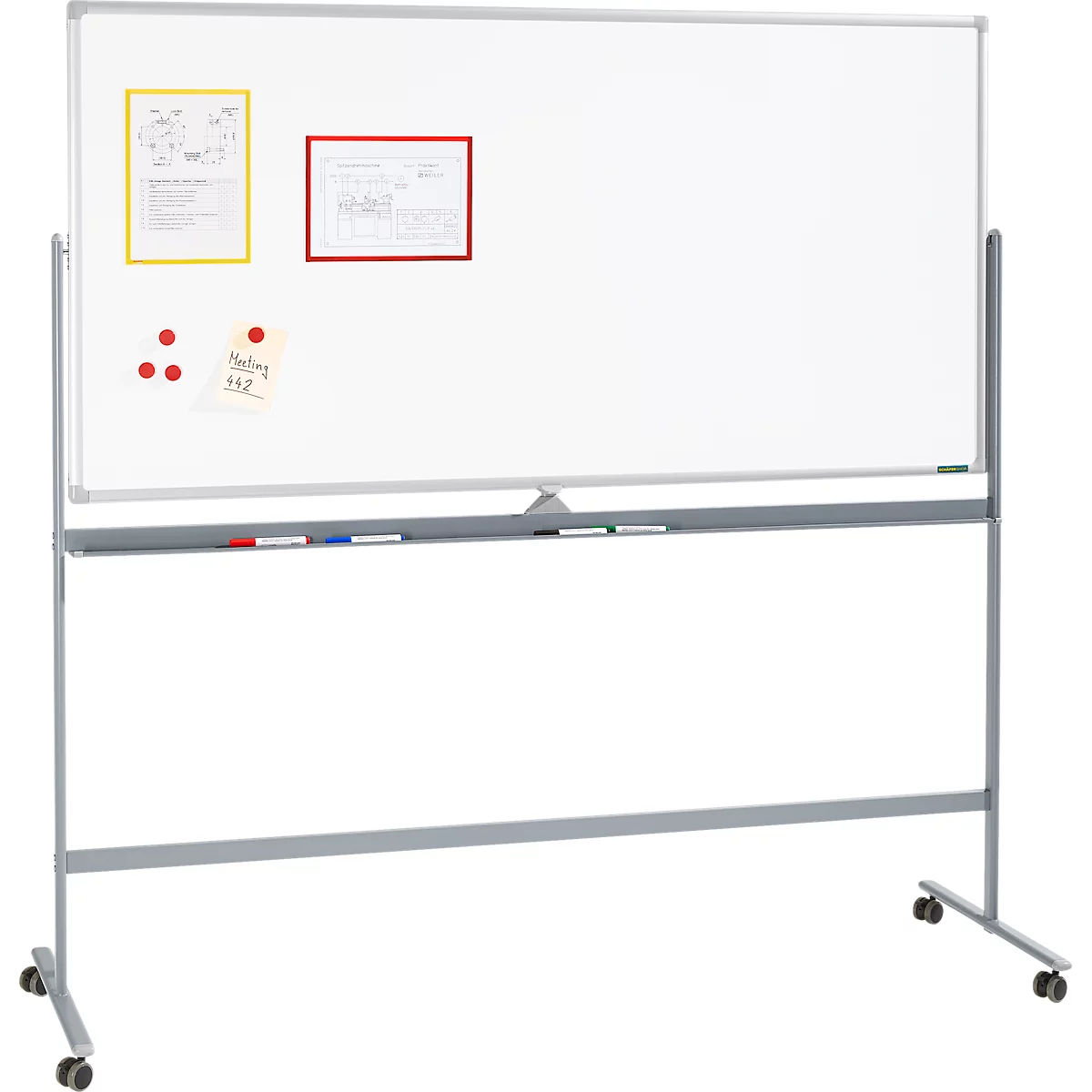 Schäfer Shop Select Mobiles Whiteboard, um 360° drehbare Tafel, weiß lackiert, Ablageschale, 4 Lenkrollen, B 1800 x H 1200 mm