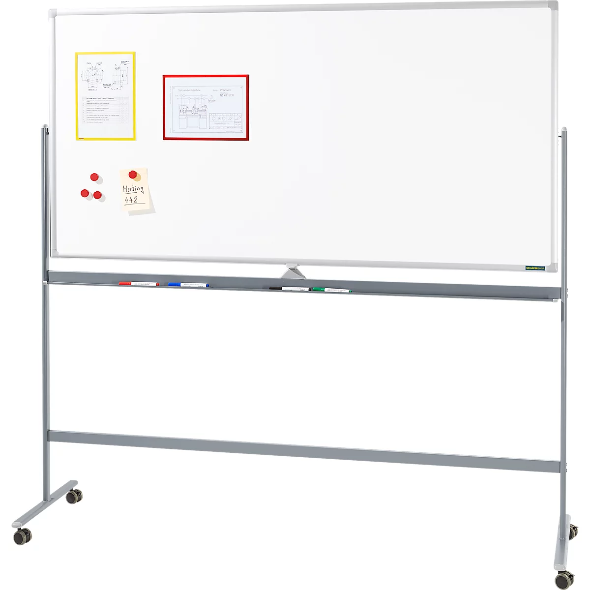 Schäfer Shop Select Mobiles Whiteboard, um 360° drehbare Tafel, weiß lackiert, Ablageschale, 4 Lenkrollen, B 1800 x H 900 mm