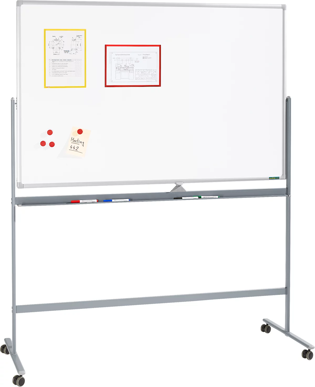 Schäfer Shop Select Mobiles Whiteboard, weiß lackiert, drehbare Tafel, 4 Lenkrollen, 1000 x 1500 mm
