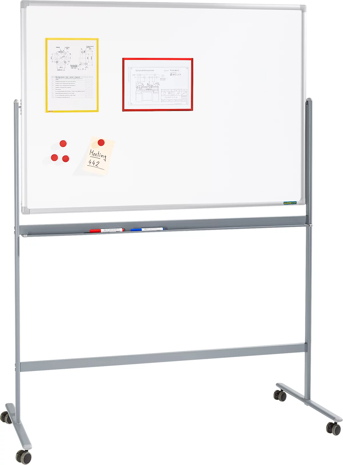 Schäfer Shop Select Mobiles Whiteboard, weiß lackiert, drehbare Tafel, 4 Lenkrollen, 900 x 1200 mm
