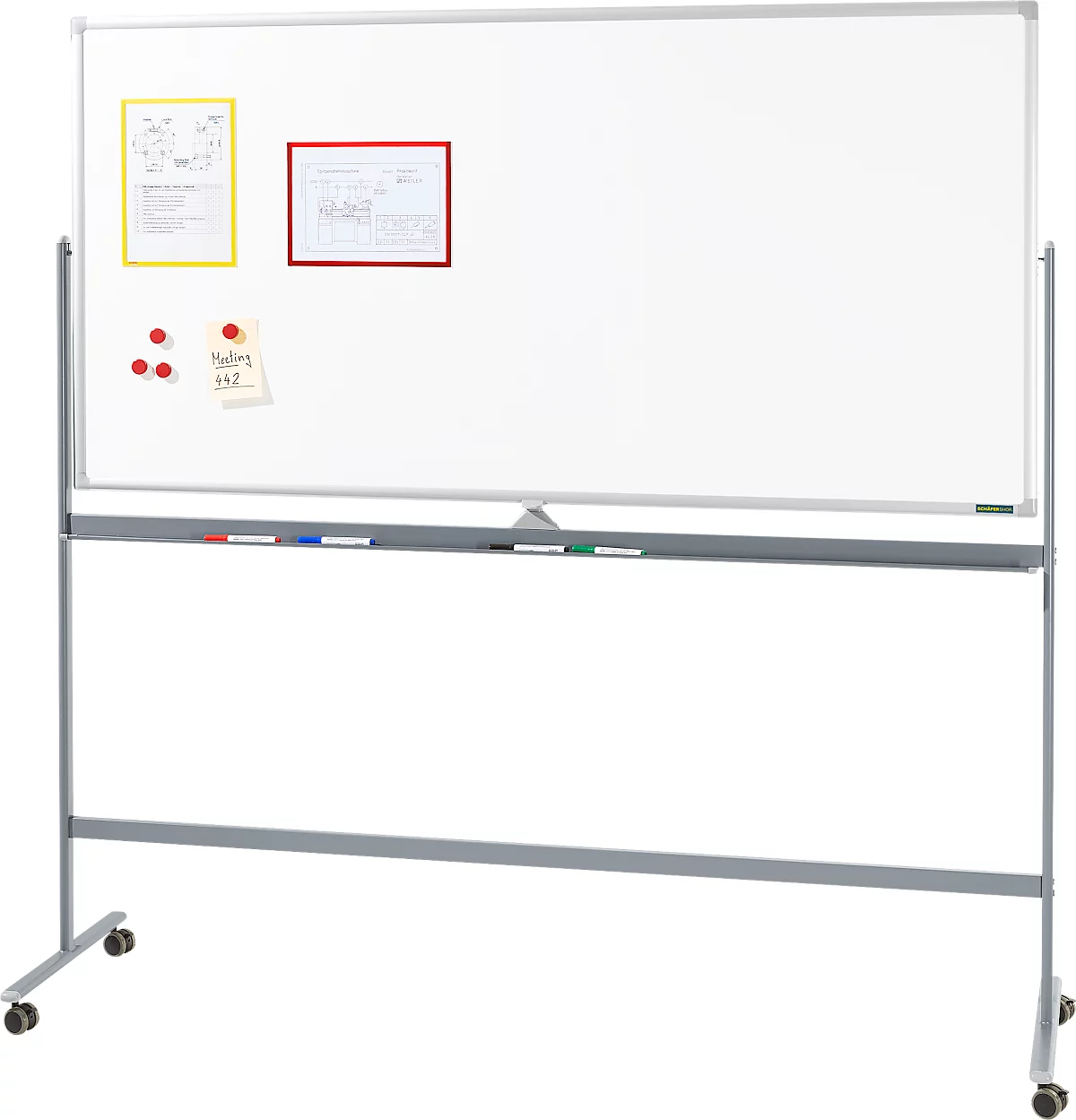 Schäfer Shop Select Mobiles Whiteboard, weiß lackiert, drehbare Tafel, 4 Lenkrollen, 900 x 1800 mm
