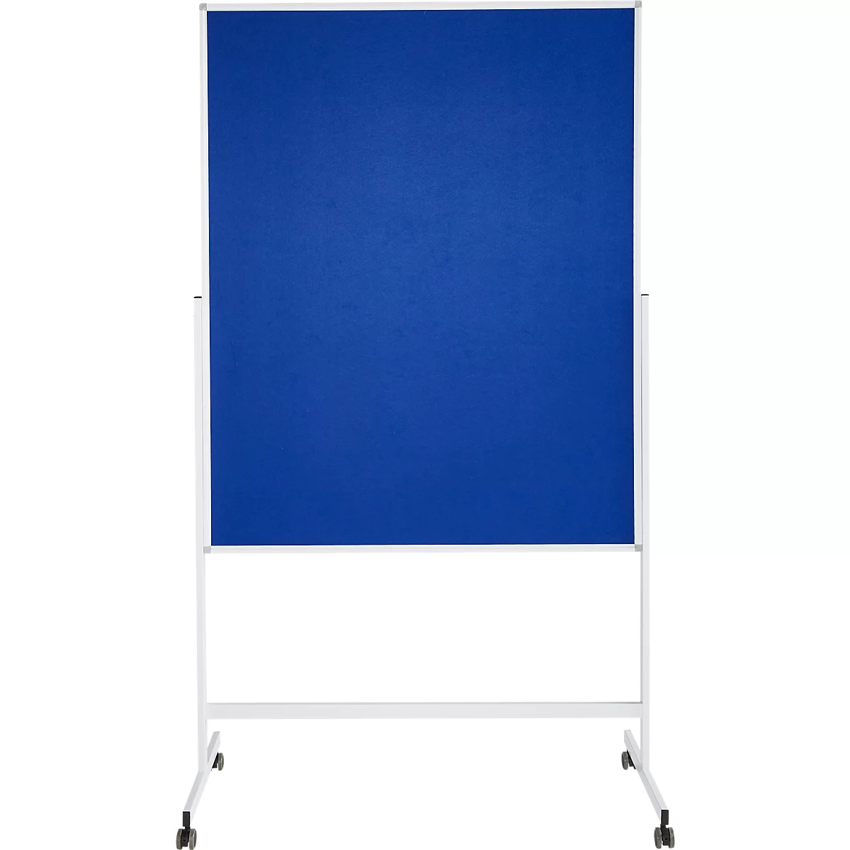 Blue rectangular pinboard element with a white frame. The element stands on a white frame with castors.