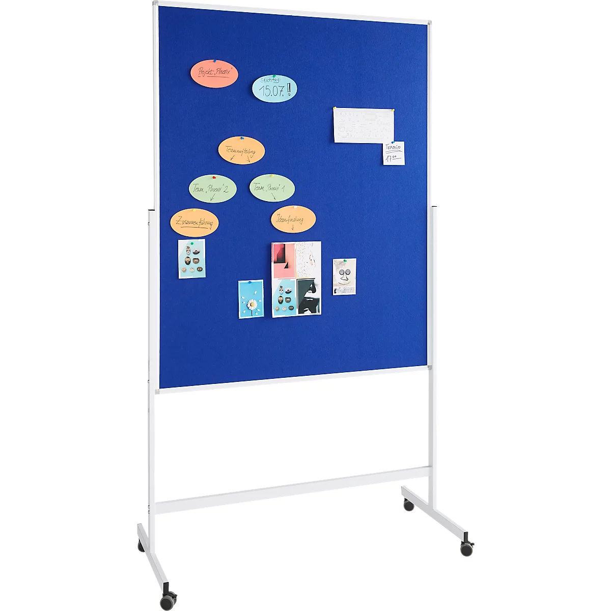 Blue pinboard with various notes and papers, stands on a white frame with wheels.