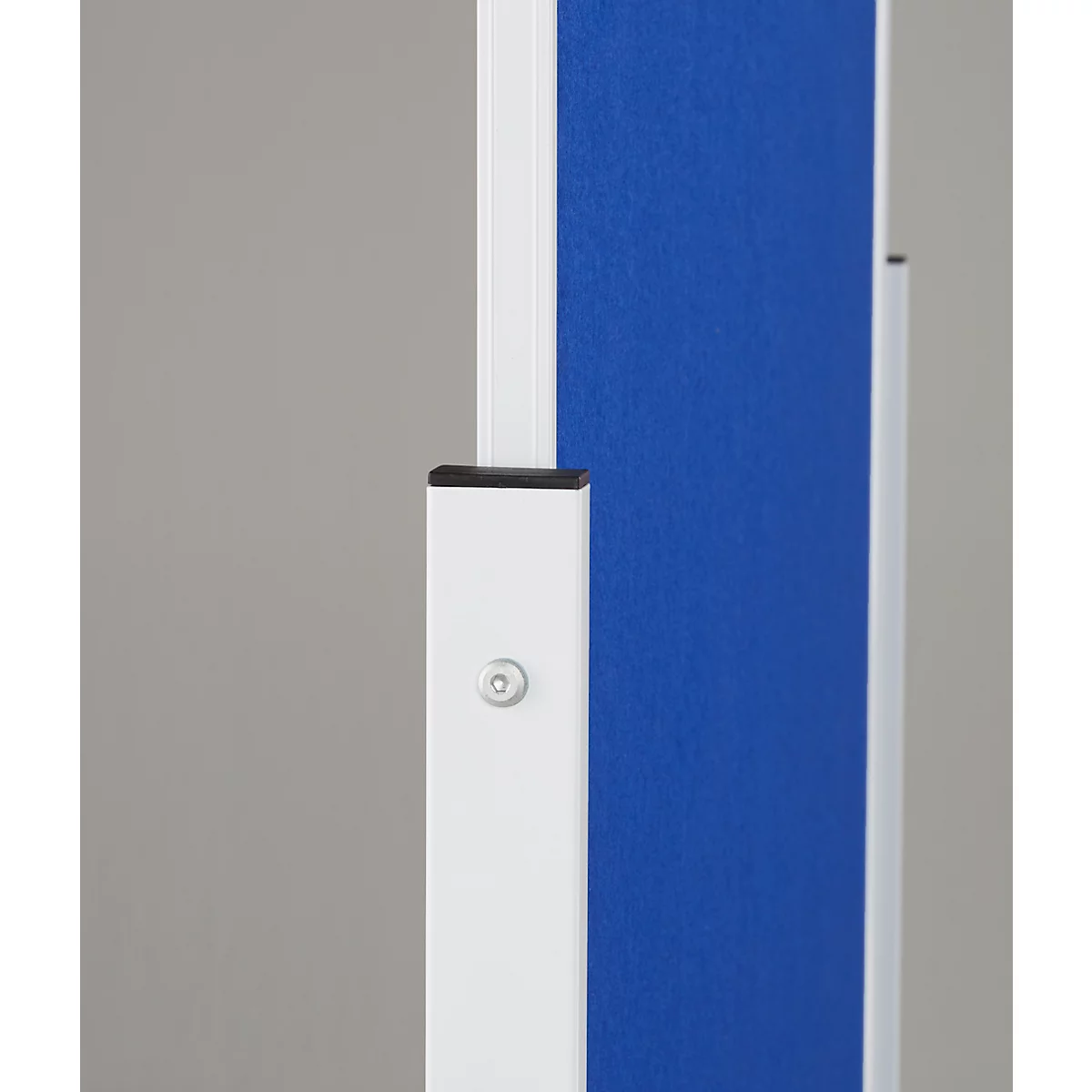 Close-up of a white frame with blue fabric connected by a silver screw.