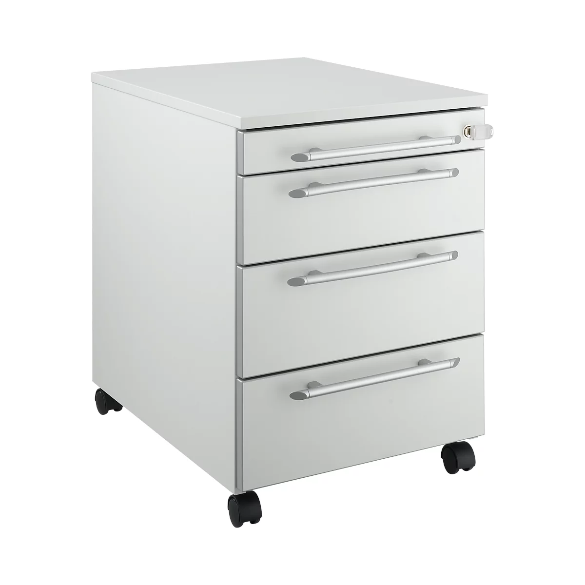 White, three-drawer office container with wheels and silver handles.