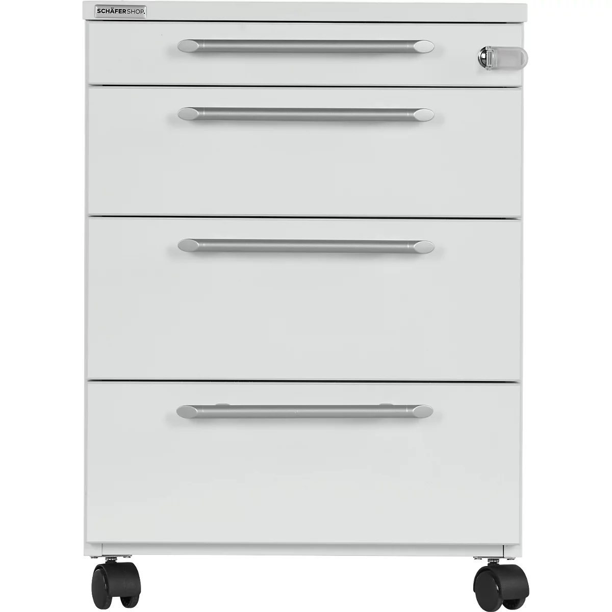 White rolling cabinet with four drawers and silver handles. Standing on casters, lock on the top right.