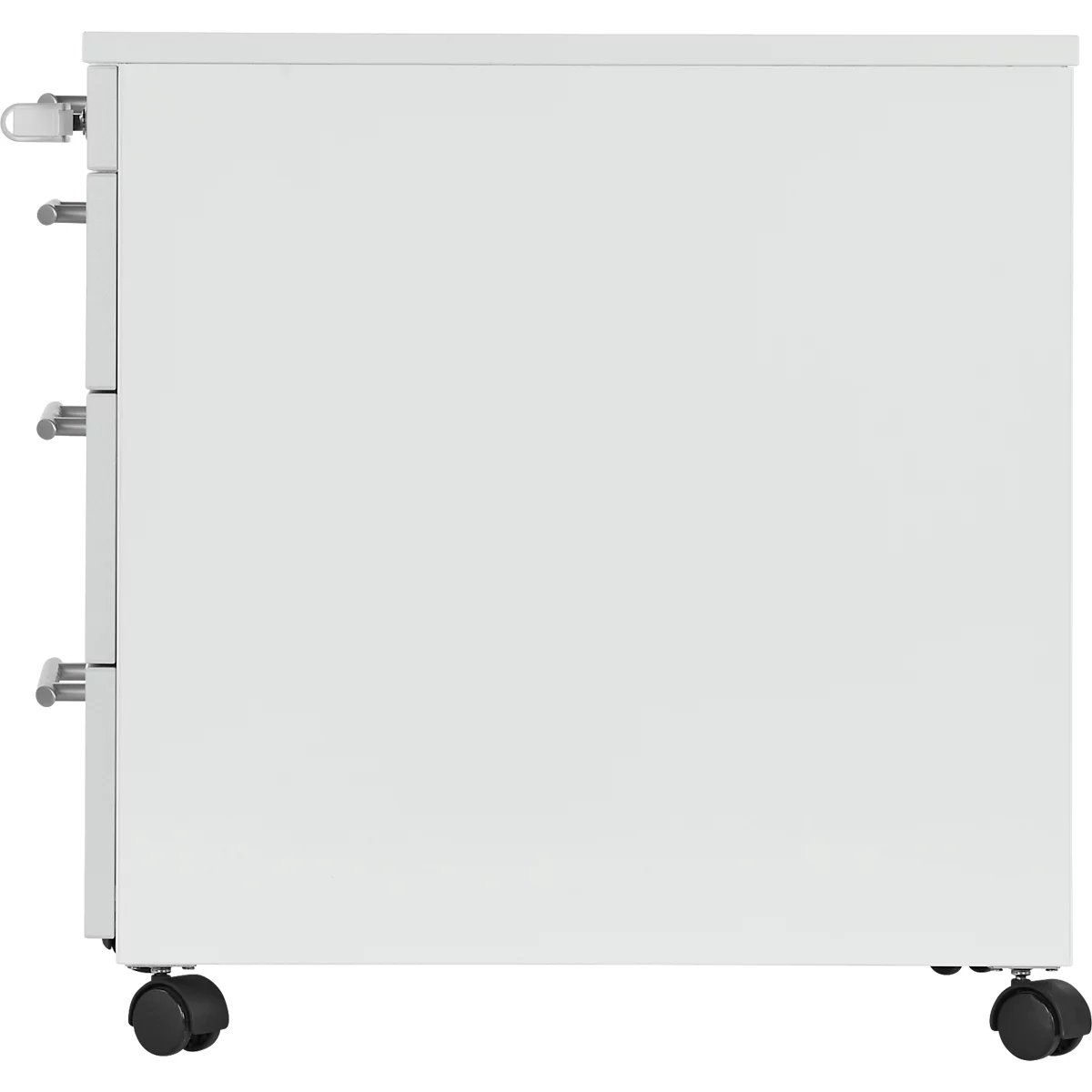 White filing cabinet with wheels and silver handles. Three drawers and a lock are visible.