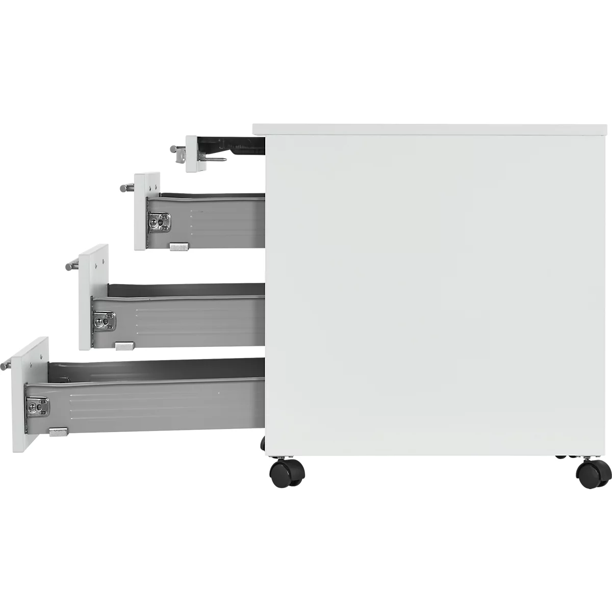 White rolling file cabinet with three open drawers. Drawers gray, cabinet on wheels.