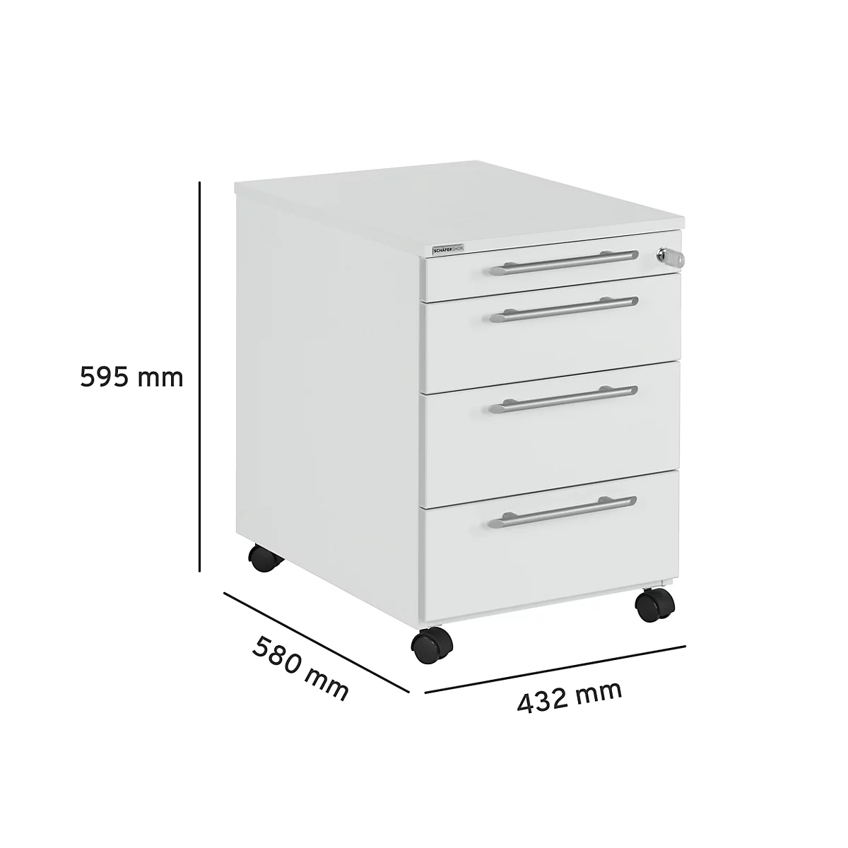 White mobile pedestal with four drawers, dimensions in mm. A lock at the top, silver handles.