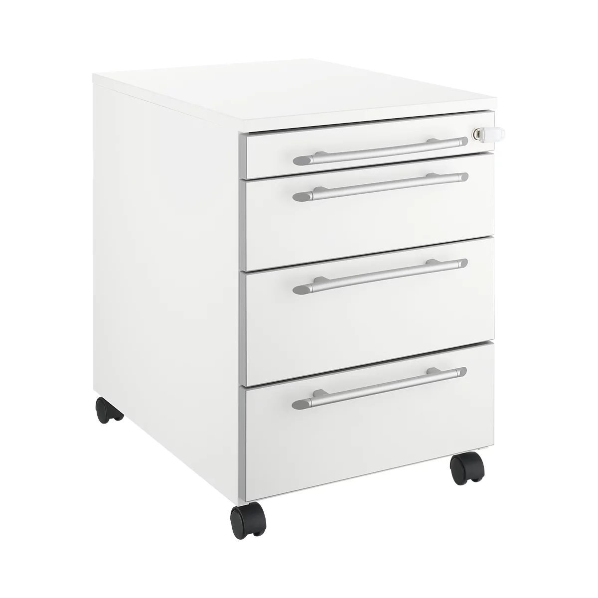 White mobile file cabinet with three drawers, silver handles, and wheels.