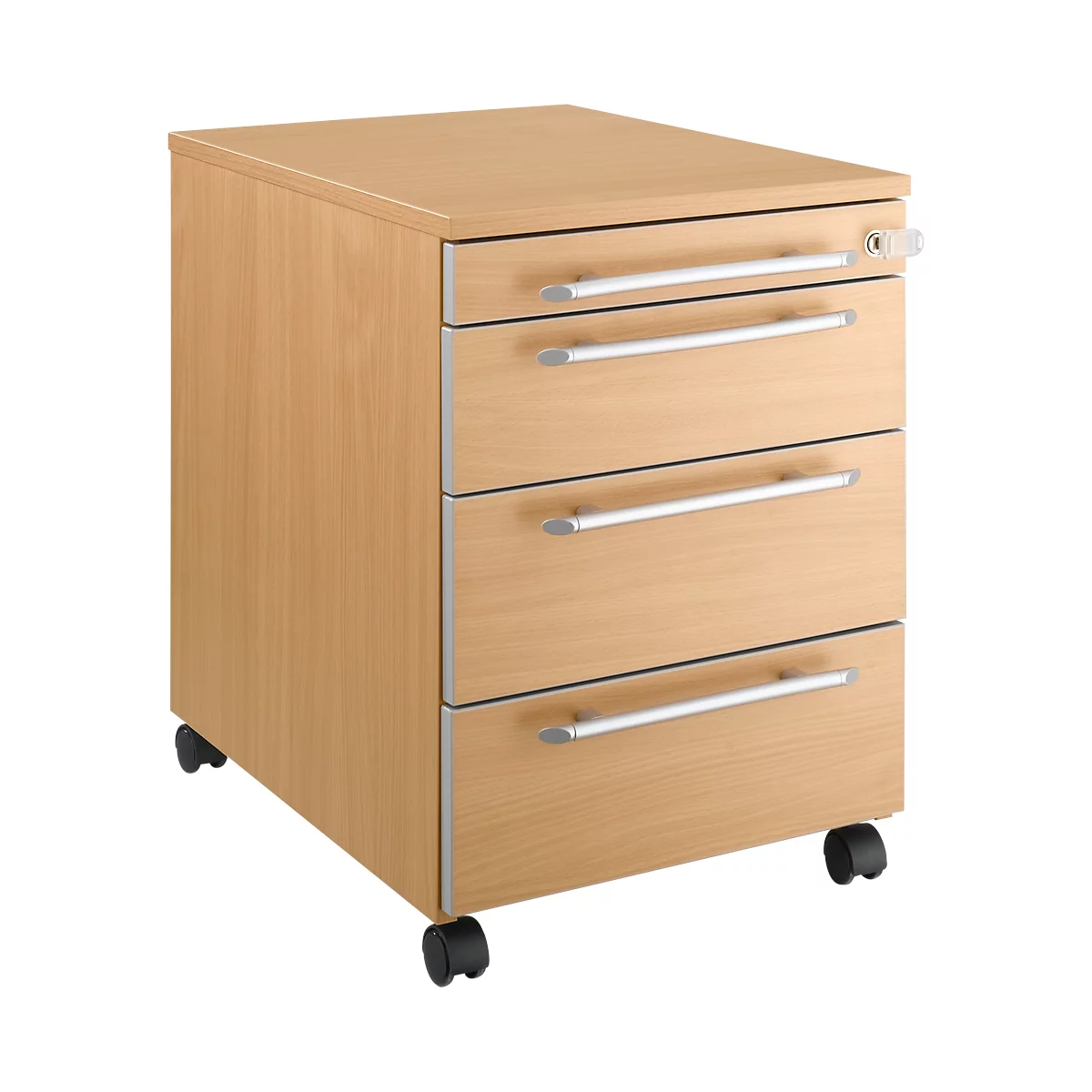 Beige mobile pedestal with three drawers and silver handles. It stands on black wheels and has a lock.