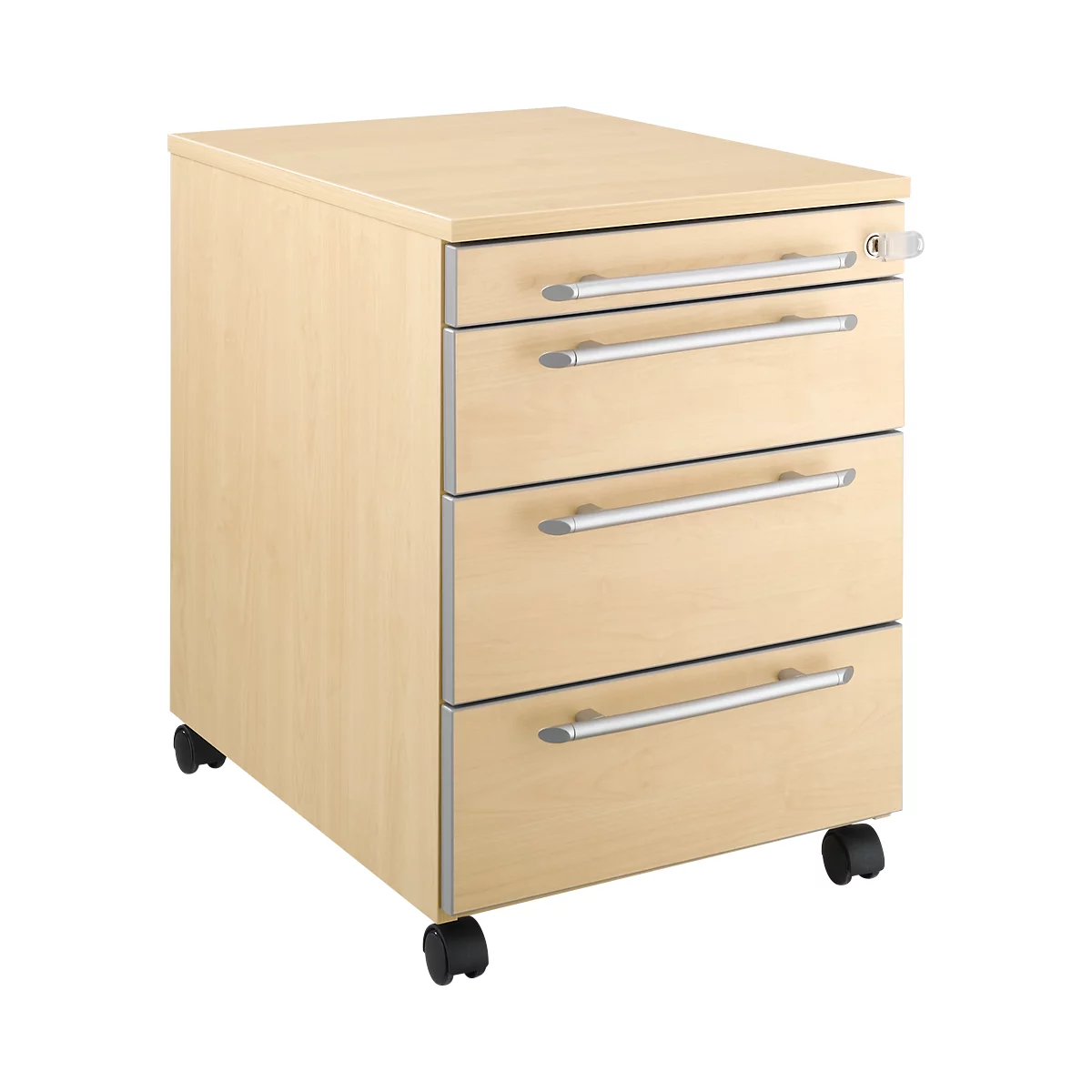 Beige rolling file cabinet with three drawers and silver handles.