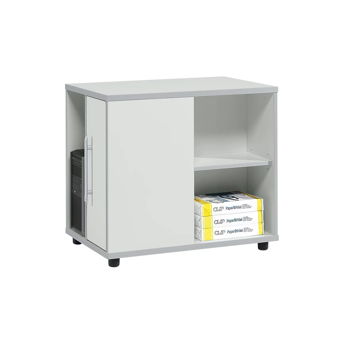 Small white desk with PC compartment, shelf, and stacks of paper. Gray trim and black feet.
