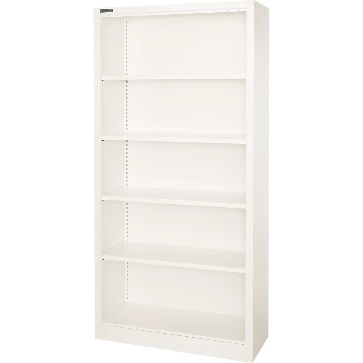 Wit, vrijstaand schap met vijf planken. Er zijn rijen gaten aan de zijkanten zichtbaar voor hoogteverstelling.