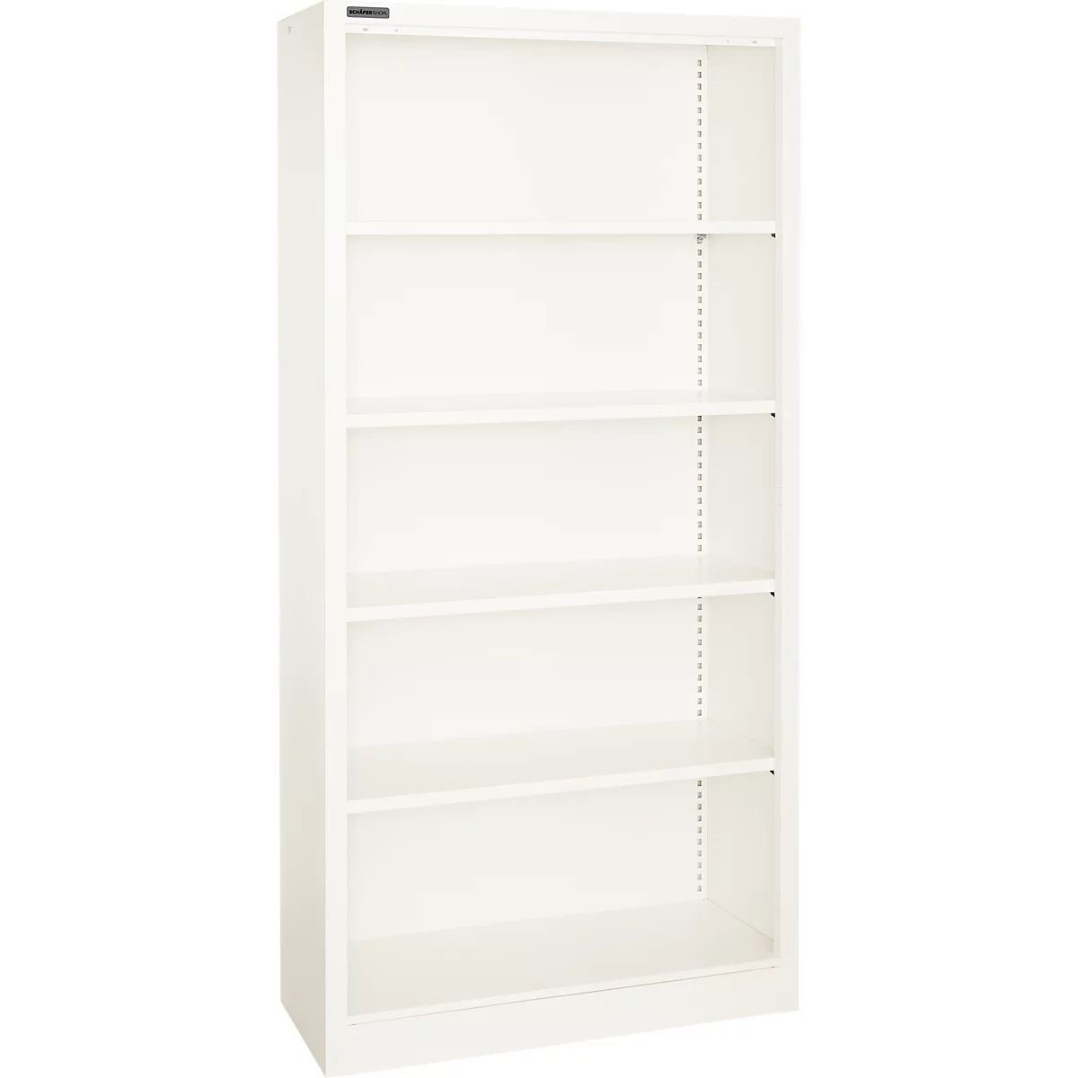 Witte boekenkast met vijf planken, tegen een witte achtergrond.