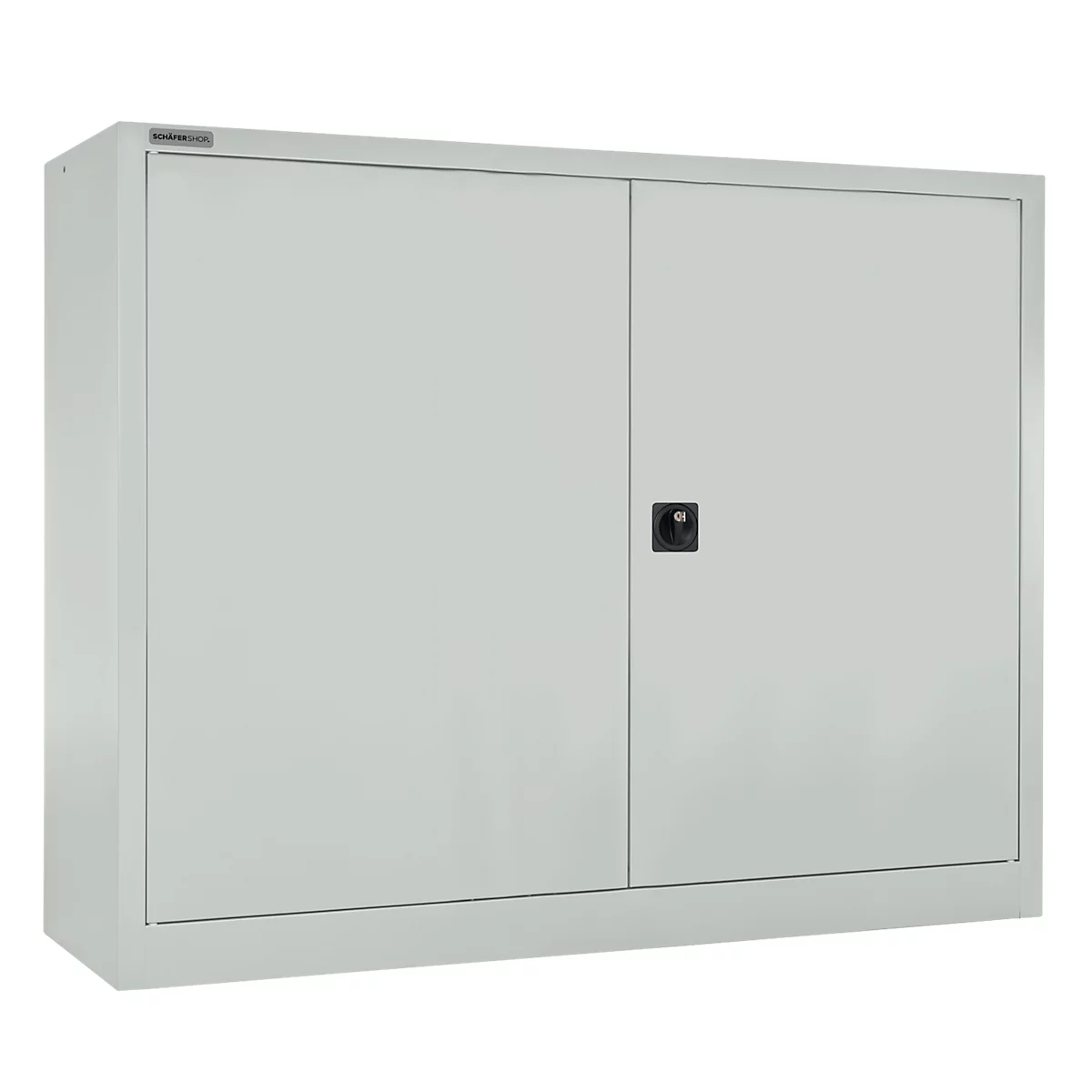 Gray cabinet with two doors and a black handle. The product is depicted against a neutral background.