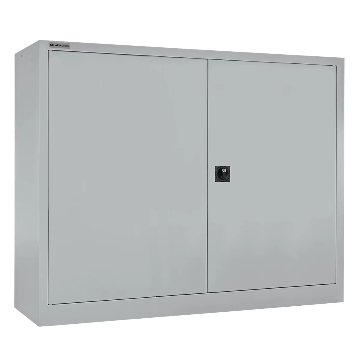Gray steel cabinet with two doors and a black lock.