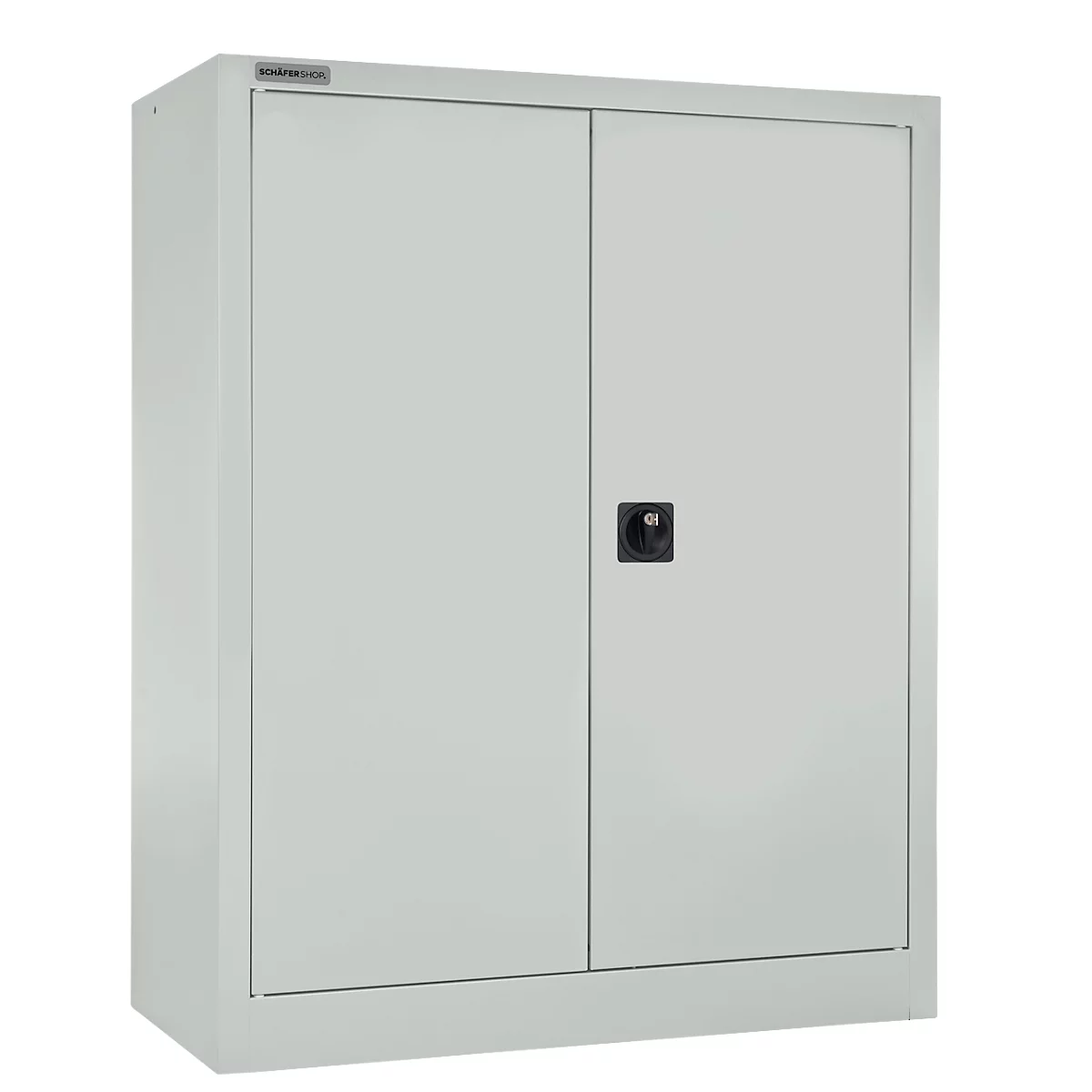 Gray steel cabinet with two doors and black handle, on a white background.