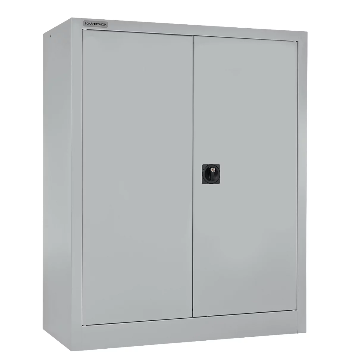 A grey steel cabinet with two doors and a black handle.