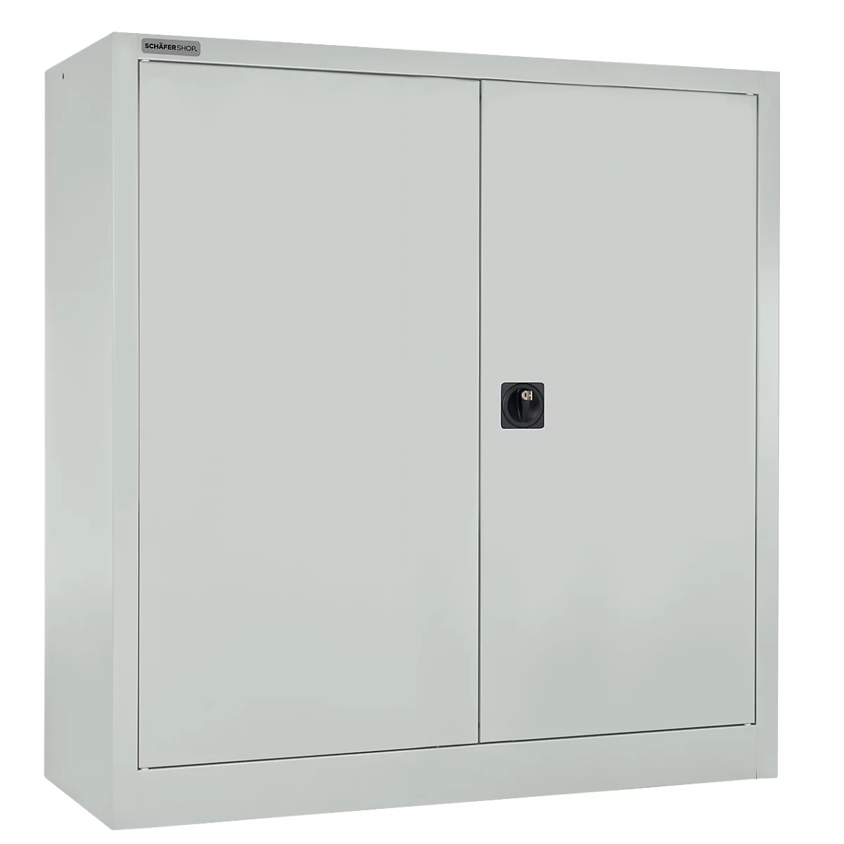 Gray steel cabinet with two doors and a black handle. A company logo is on the upper left corner.