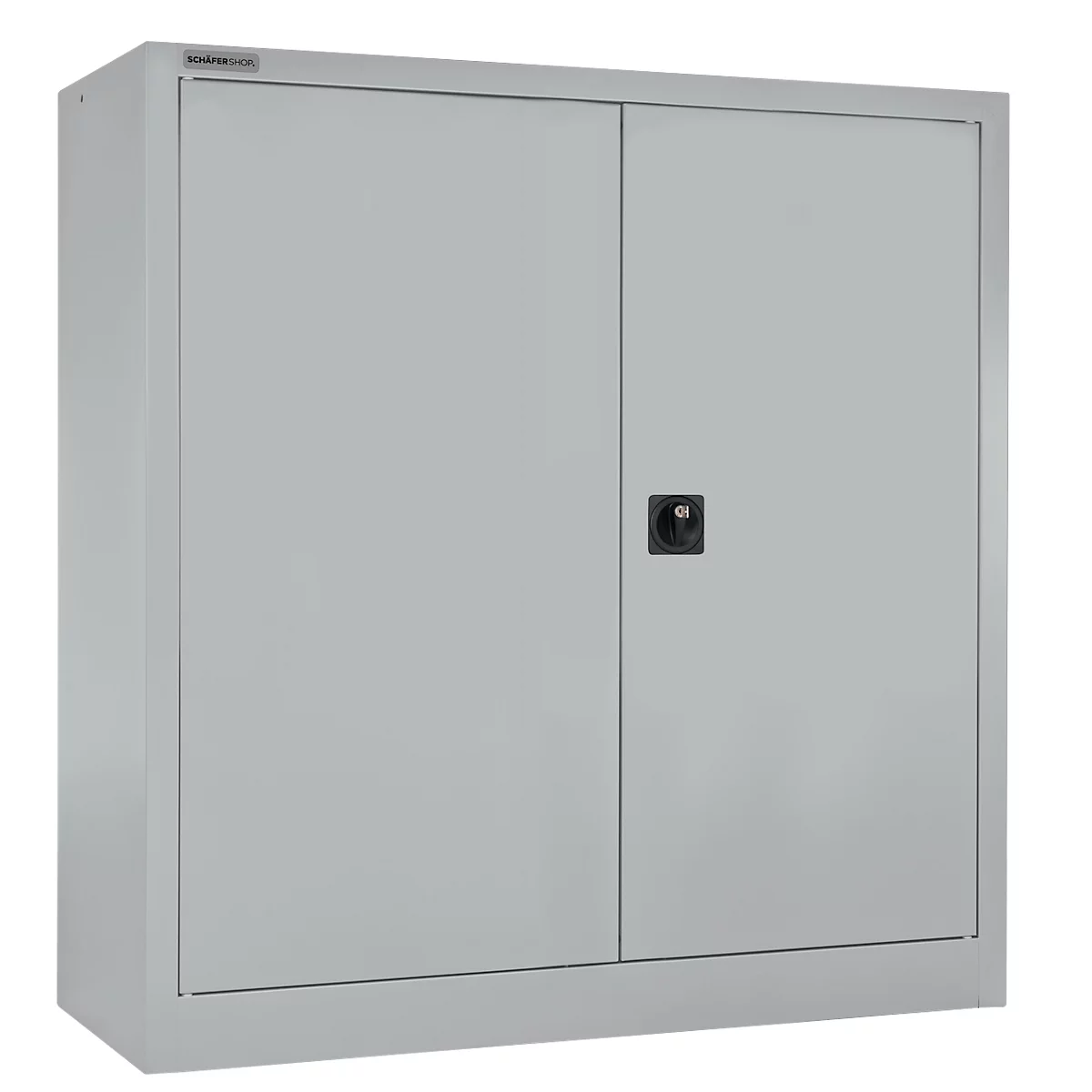 Grey steel cabinet with two doors, black handle. Text at the top.