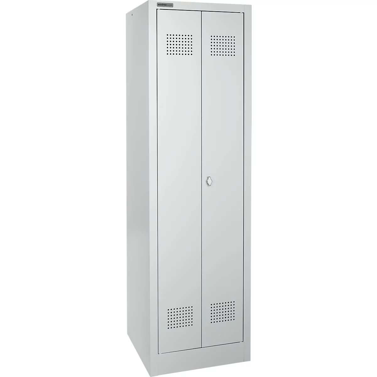 Gray, tall metal cabinet with two doors. Square ventilation holes and a round door knob.