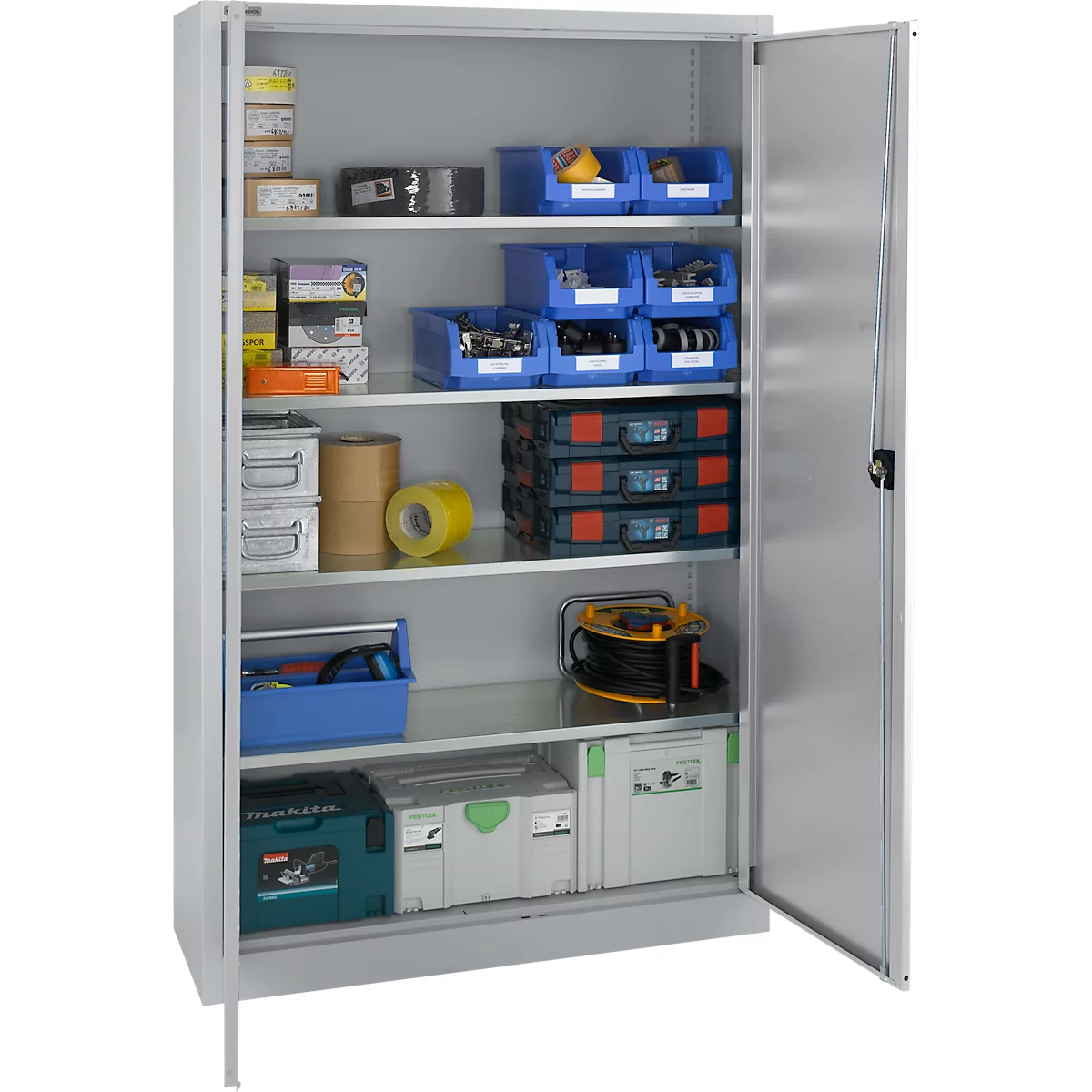 Schäfer Shop Select MSI 2512 materiaalkast, 5 ordnerhoogtes, 4 tussenlegborden, cilinderslot, B 1200 x D 500 x H 1935 mm, alu wit