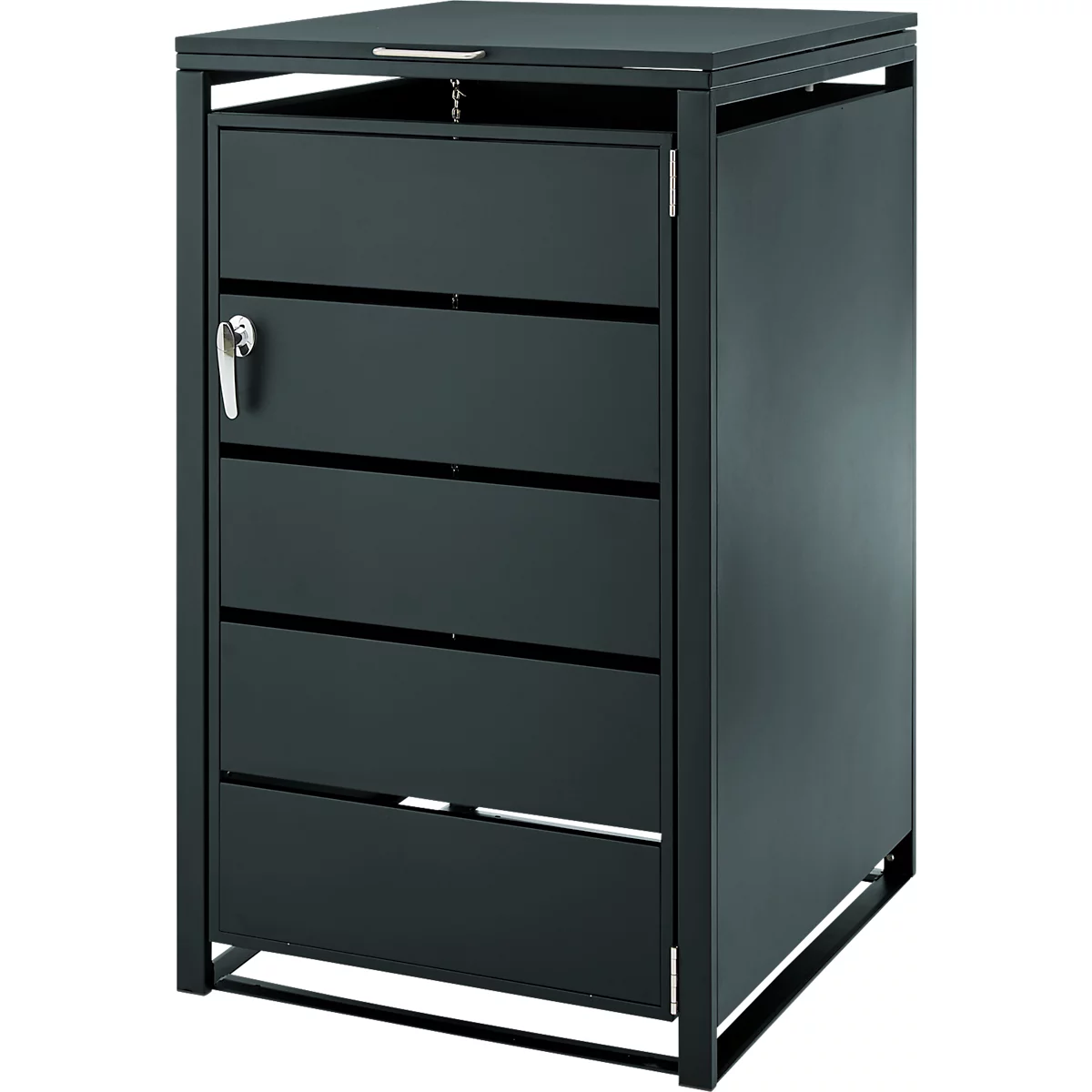 Dunkelgraue Mülltonnenbox aus Metall mit klappbarem Deckel, Lamellentür und abschließbarem Hebelgriff.