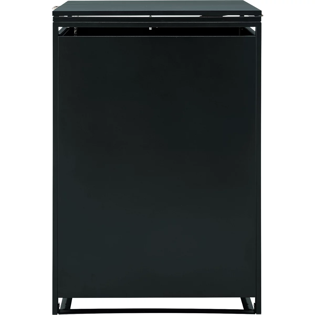 Ein rechteckiger, minimalistischer, schwarzer Mülltonnenschrank aus Metall vor weißem Hintergrund.