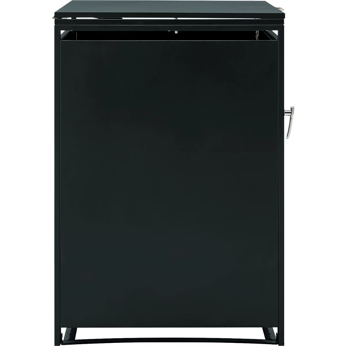 Schwarze, rechteckige Mülltonnenverkleidung aus Metall mit schlichtem Design vor neutralem Hintergrund.