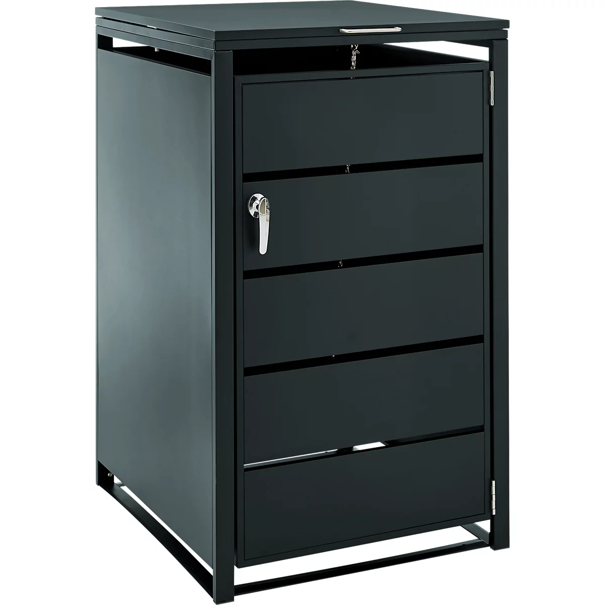Dunkelgraue, abschließbare Mülltonnenbox aus Metall mit flacher Oberseite und schlichtem Design.