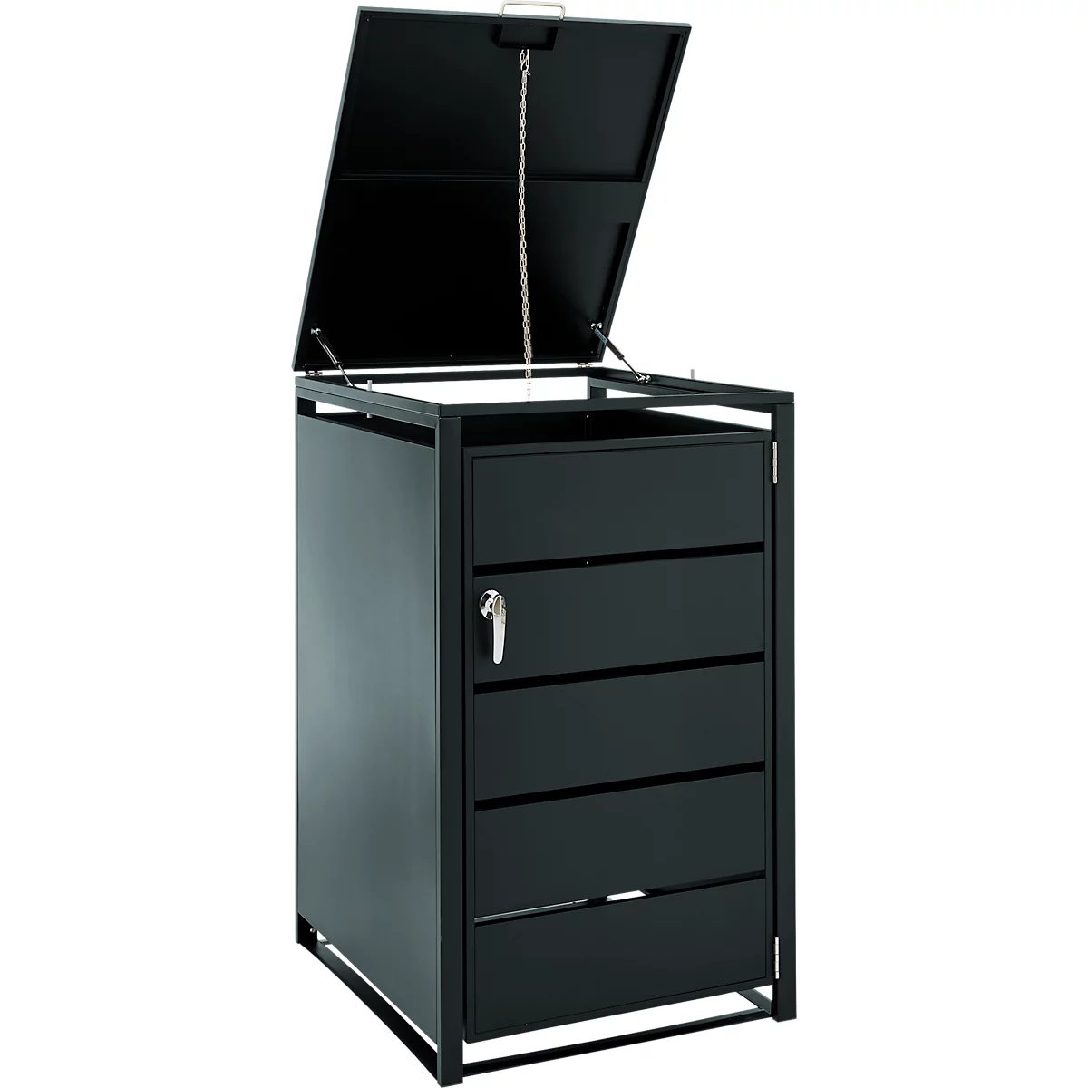 Schwarze Metall-Mülltonnenbox mit geöffnetem Klappdeckel vor weißem Hintergrund.