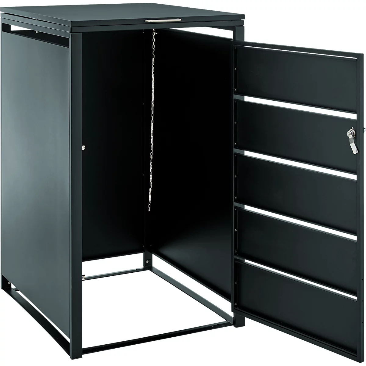 Schwarze Mülltonnenbox aus Metall mit geöffneter Tür und innenliegender Kette.