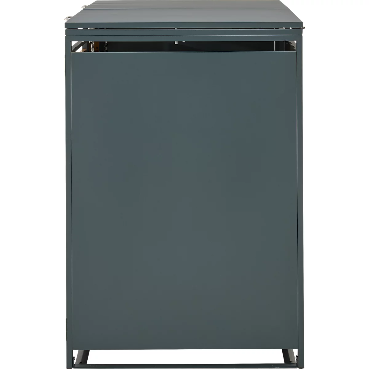 Dunkelgraue Mülltonnenbox aus Metall, von vorne gesehen, isoliert vor weißem Hintergrund.