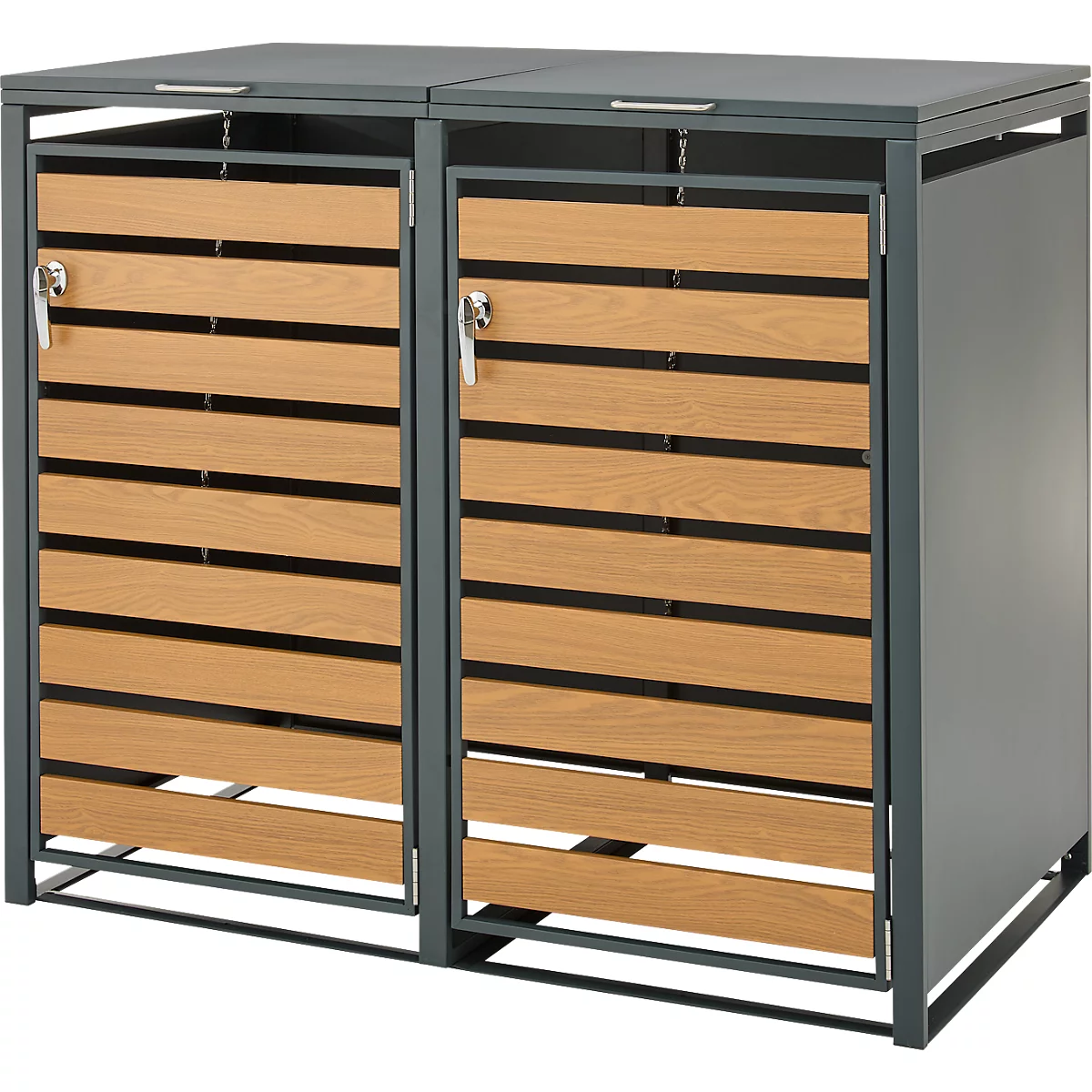 Doppelte Mülltonnenbox mit anthrazitfarbenem Metallrahmen und horizontalen Holzlamellen-Türen.