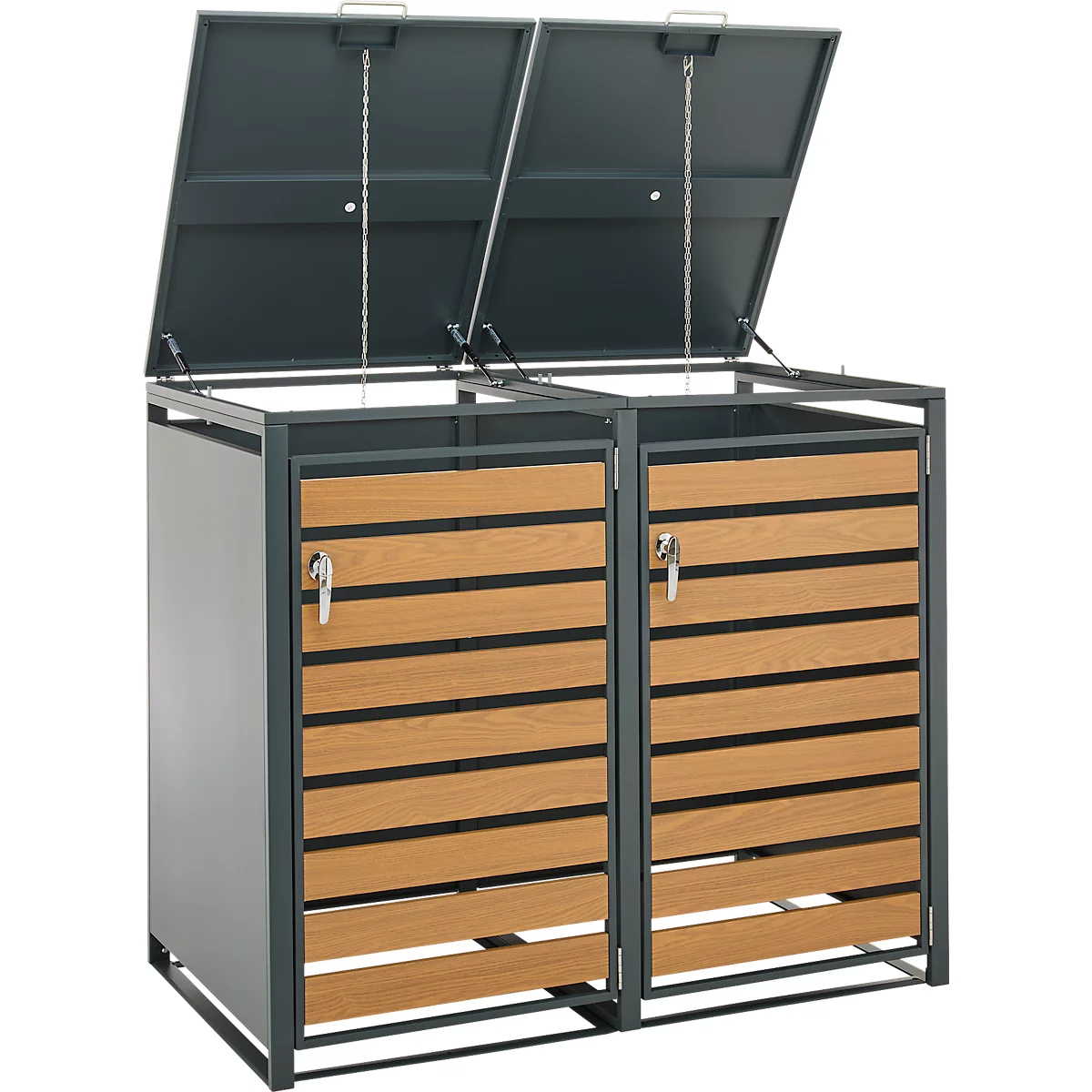 Doppel-Mülltonnenbox aus anthrazitfarbenem Metall mit Holzlatten-Front und zwei hochgeklappten Deckeln.
