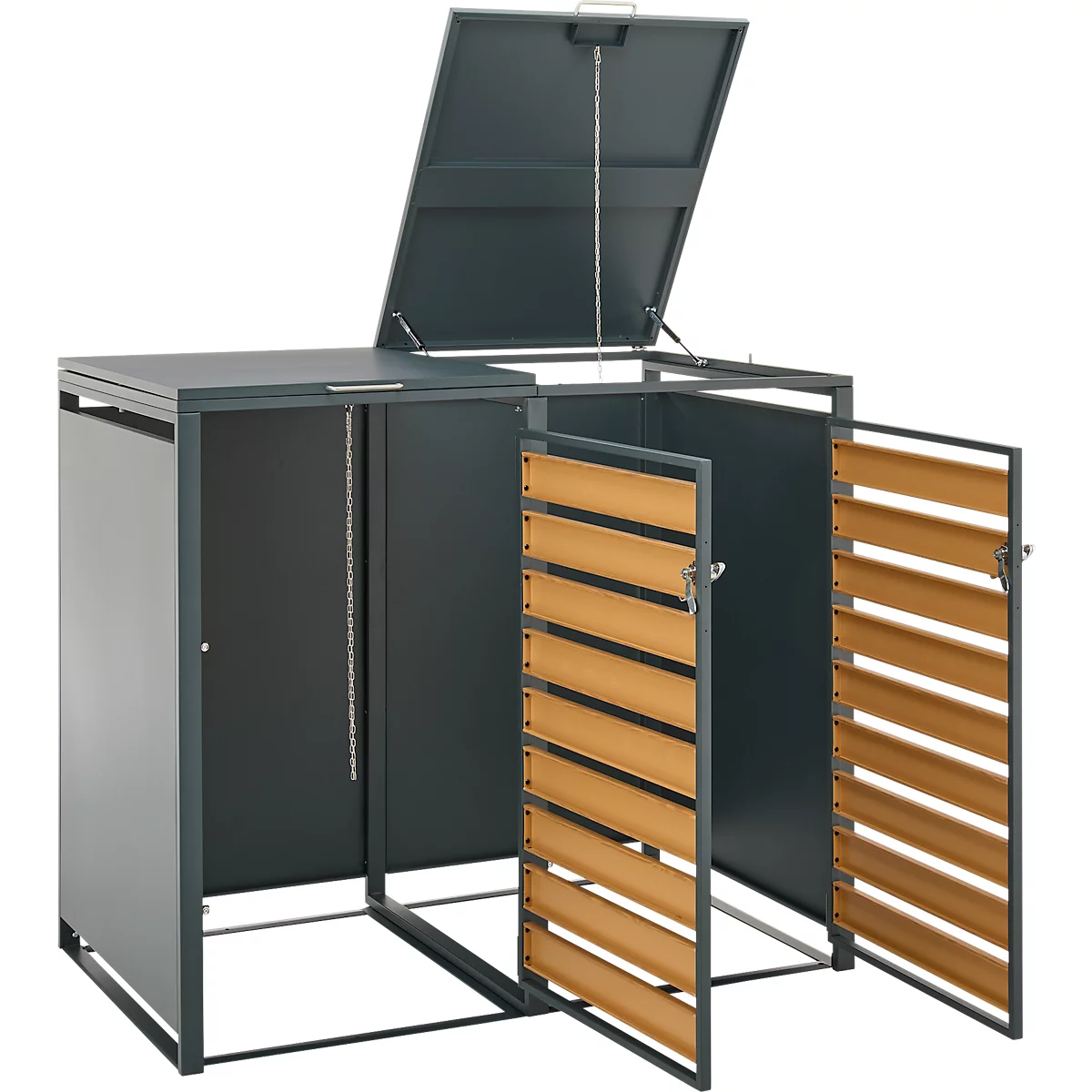 Dunkelgraue Mülltonnenbox für zwei Tonnen mit lamellenartigen Holztüren und offenem Deckel vor weißem Hintergrund.