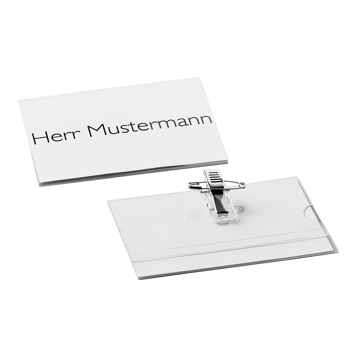 Name tag printed with "Herr Mustermann" and a transparent holder.