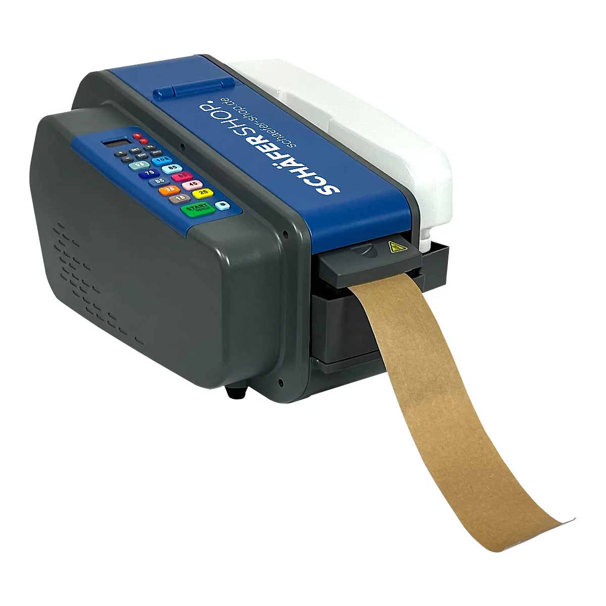 Blauer und grauer Klebebandabroller mit braunem Klebeband. Schriftzug "SCHÄFERSHOP".