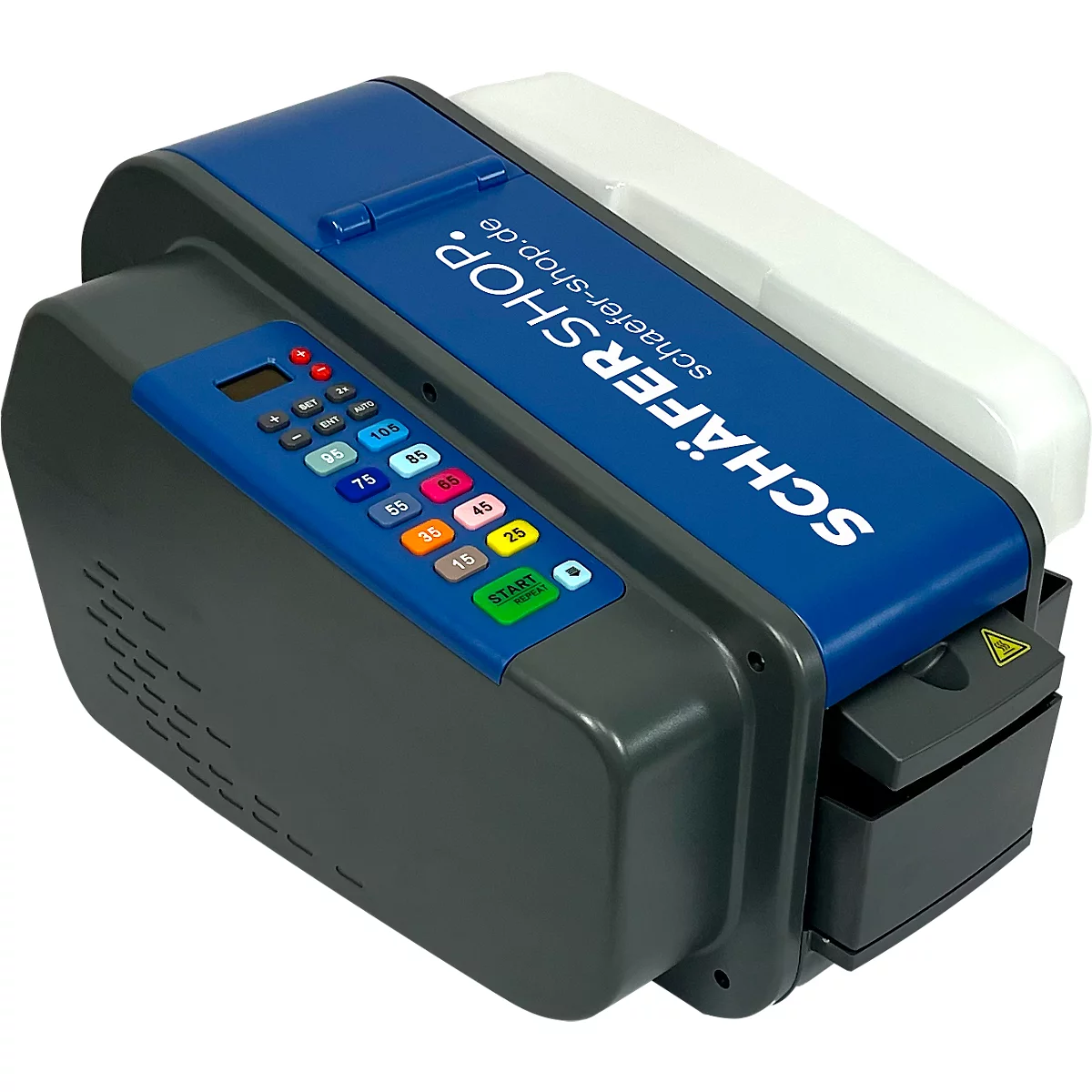 Blau-graues Klebebandgerät mit Beschriftung: Schäfer Shop. Knöpfe mit Zahlen, Start-Taste.