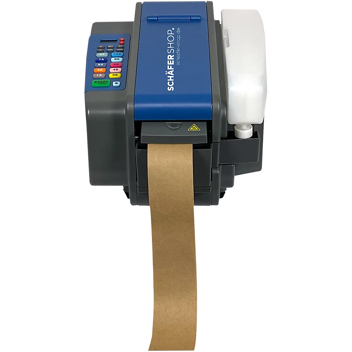 Klebebandabroller mit braunem Klebeband, blauem und grauem Gehäuse. Aufschrift "SCHÄFERSHOP" und "schäfer-shop.de".